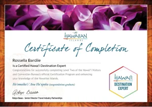 hawai'i destination expert certificate copy